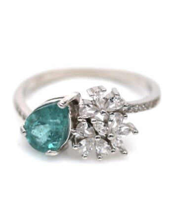 Natural blue apatite white CZ 18k white Gold ring flower